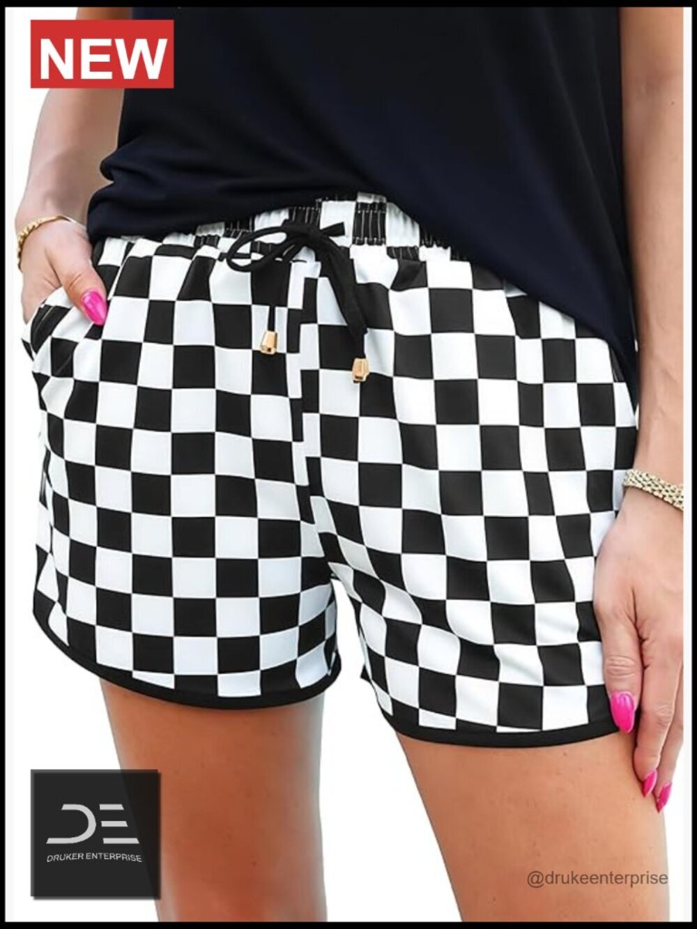 Women's Checkered Plaid Shorts Elastic Waist Drawstring Side Pockets